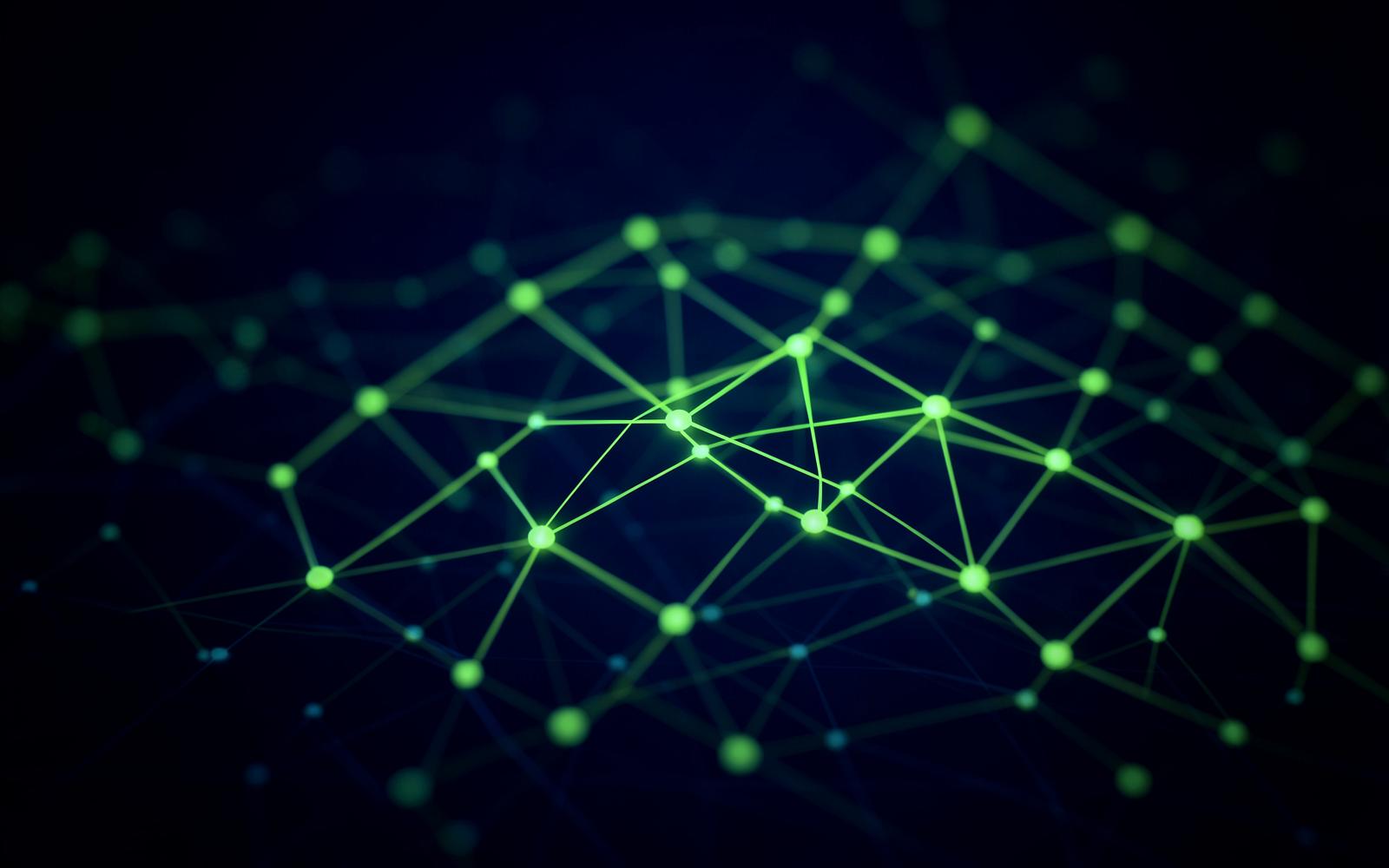 Abstract lattice of glowing lime nodes and connections against a midnight blue background