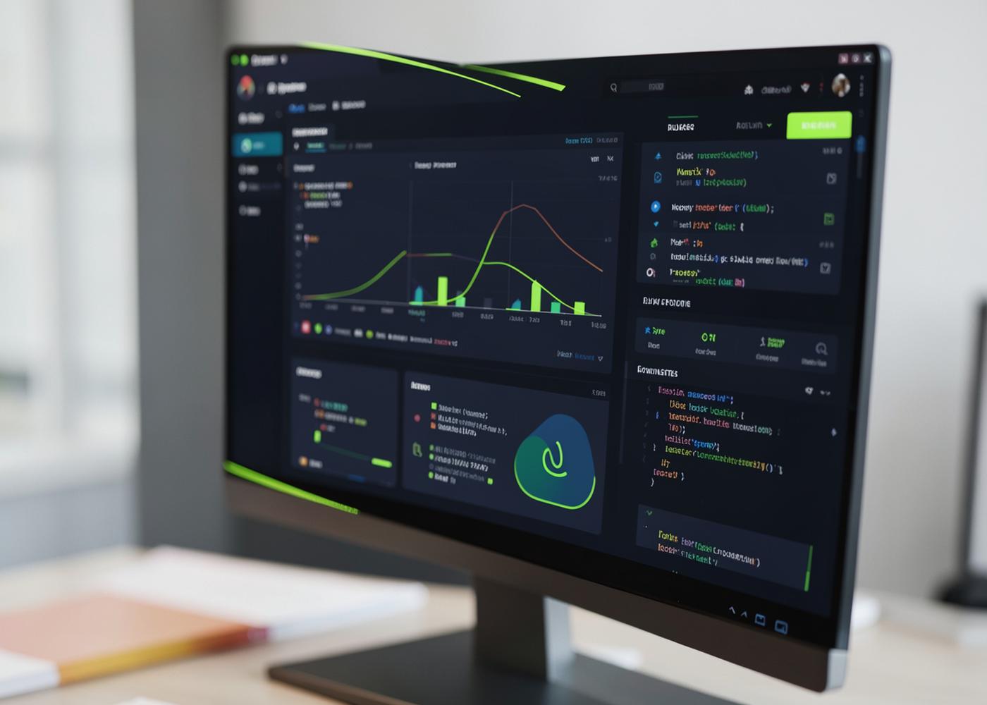 Monitor displaying a dark software dashboard with charts and code panels, illustrative interface