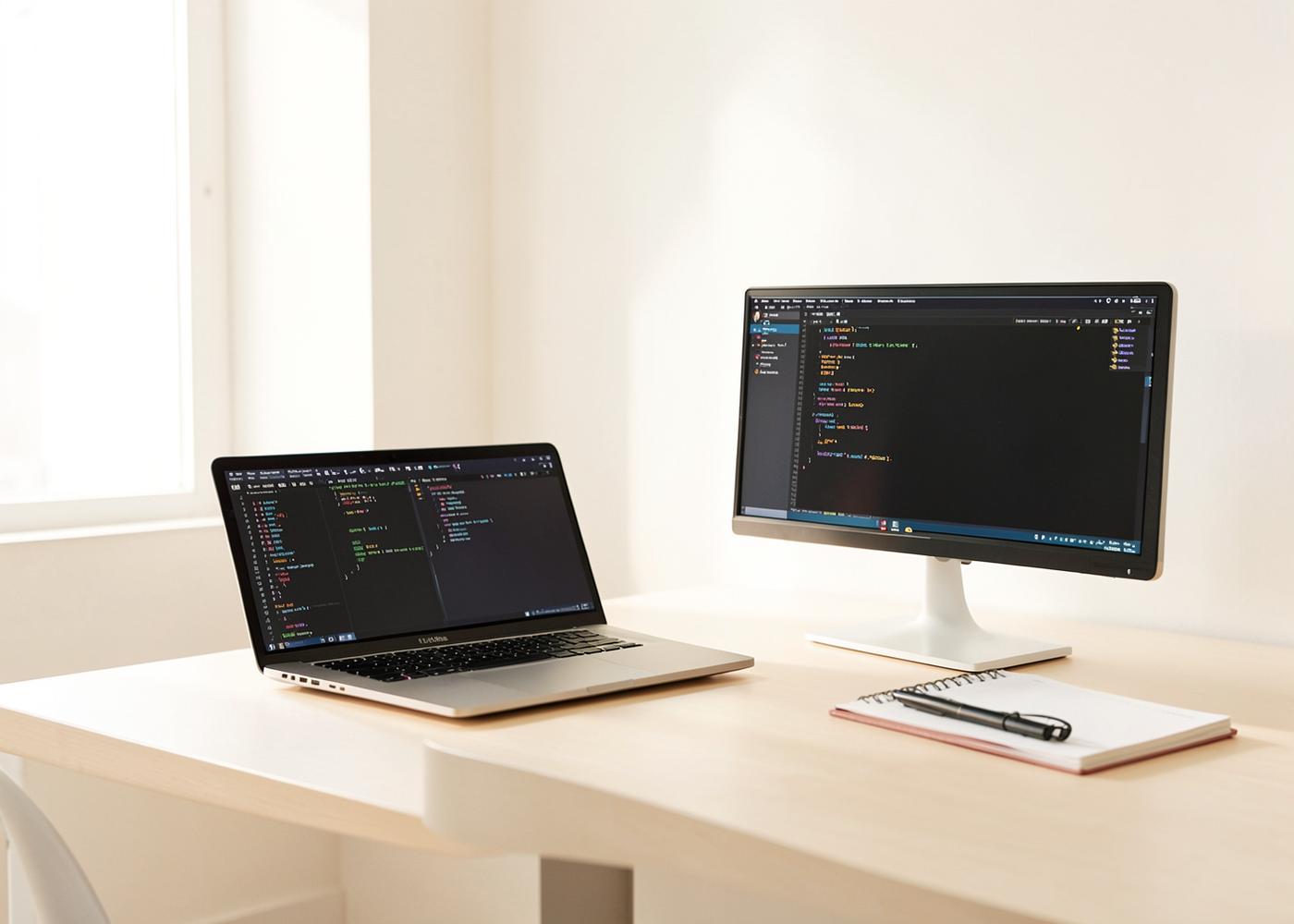 Bright desk with a laptop and monitor showing a code editor, illustrative technology workspace